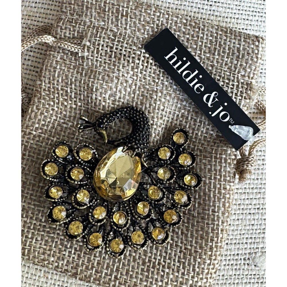 Hildie & Jo Peacock Yellow Rhinestone Brooch Pin Black Gold Tone NWT and Bag